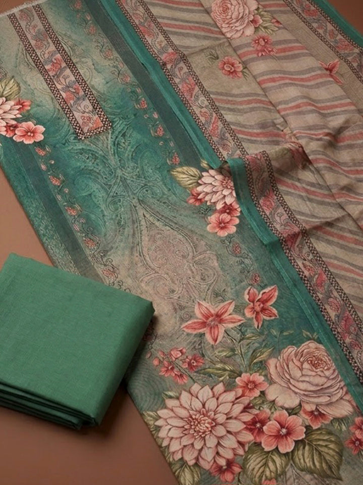 Green Crepe Printed Unstitched Dress Material