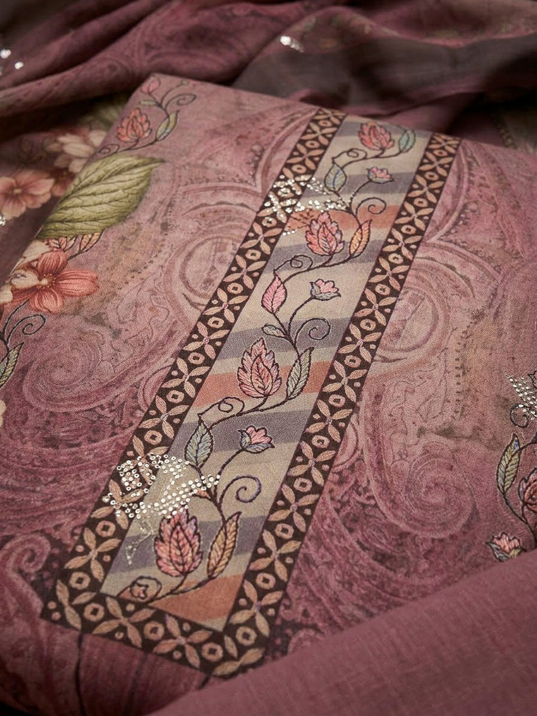 Onion Pink Crepe Printed Unstitched Dress Material