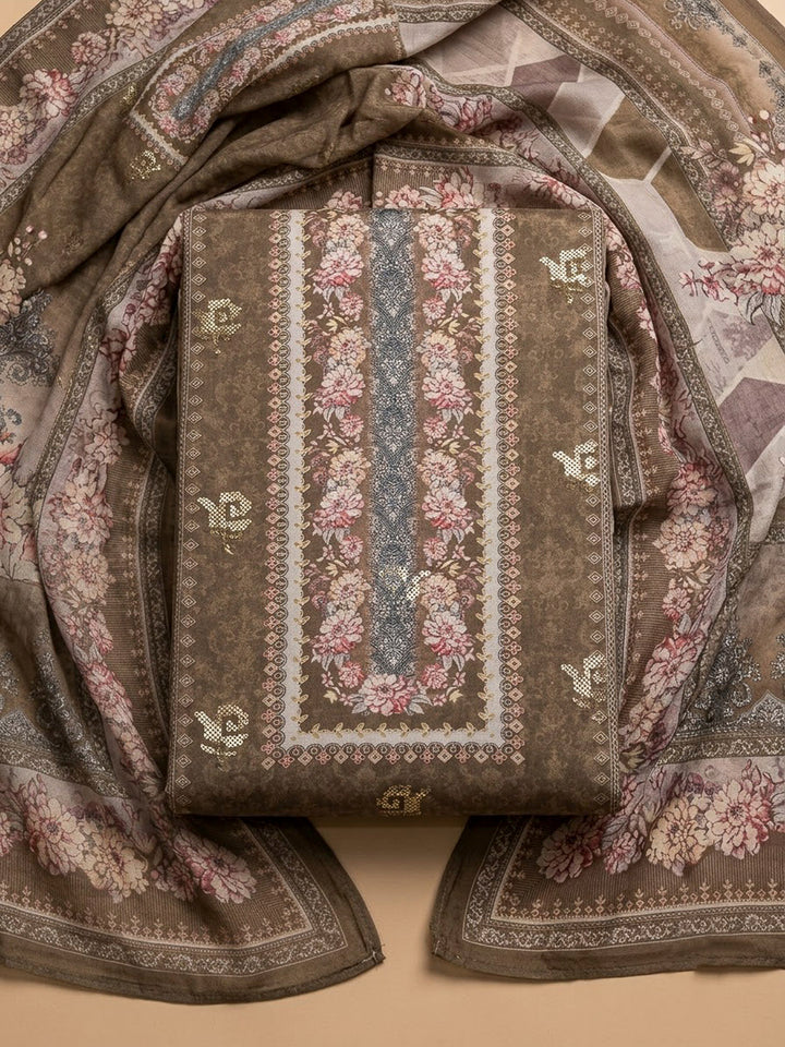 Beige Crepe Printed Unstitched Dress Material