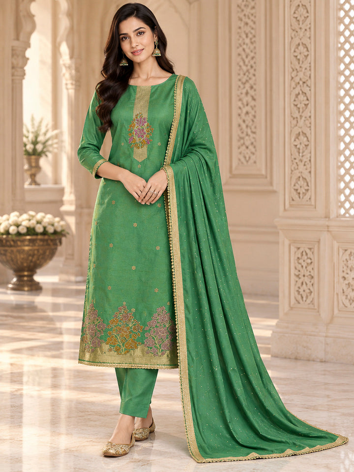Green Cotton Blend Embroidered Unstitched Dress Material