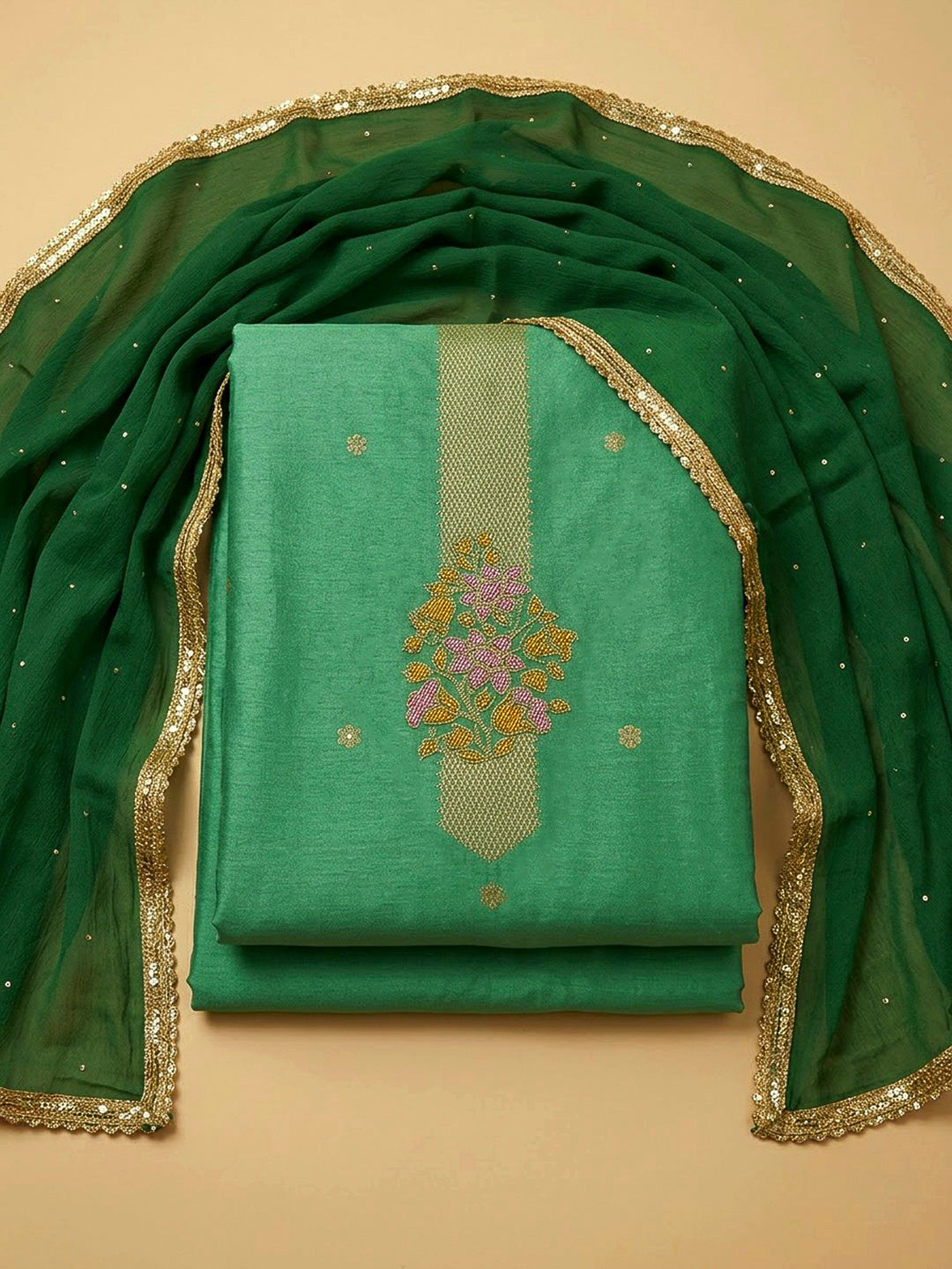 Green Cotton Blend Embroidered Unstitched Dress Material