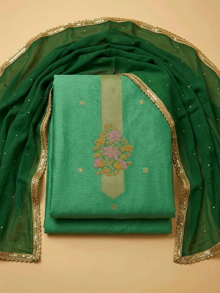 Green Cotton Blend Embroidered Unstitched Dress Material