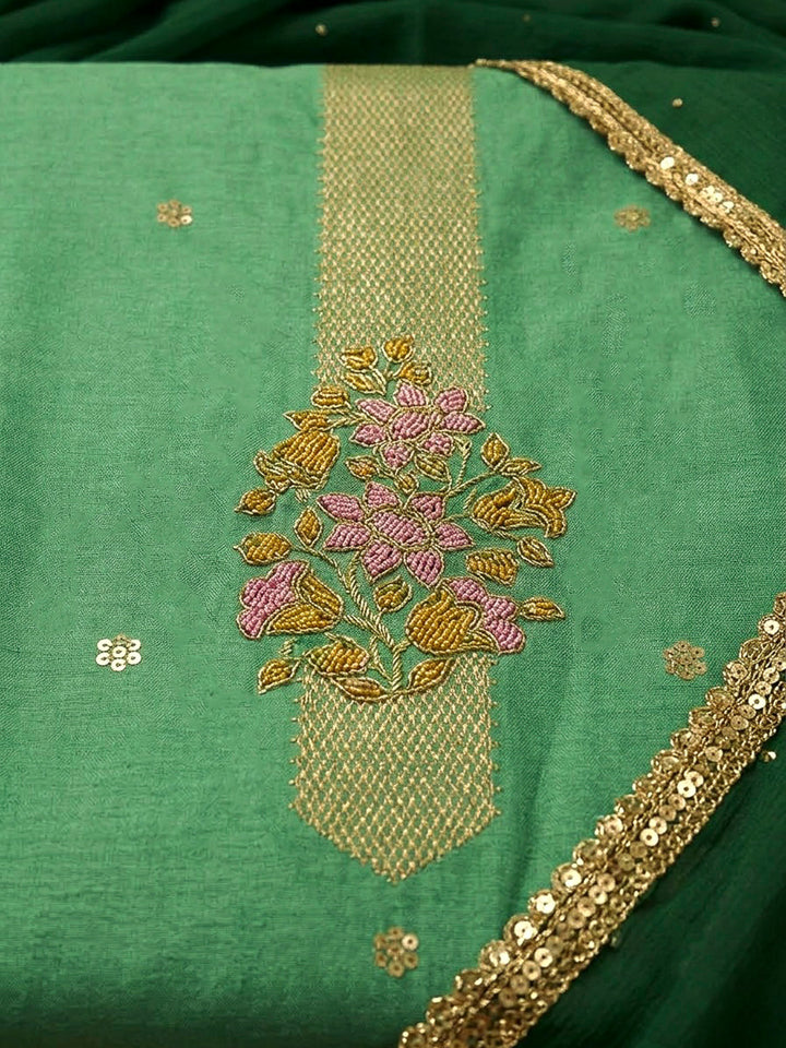 Green Cotton Blend Embroidered Unstitched Dress Material