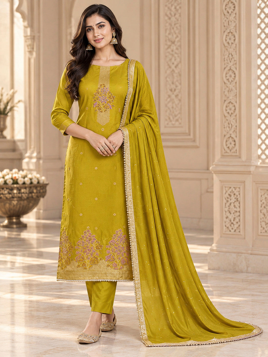 Lemon Cotton Blend Embroidered Unstitched Dress Material