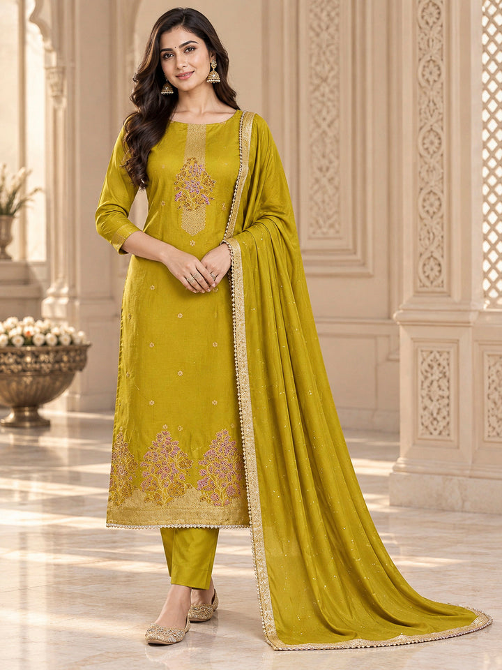 Lemon Cotton Blend Embroidered Unstitched Dress Material