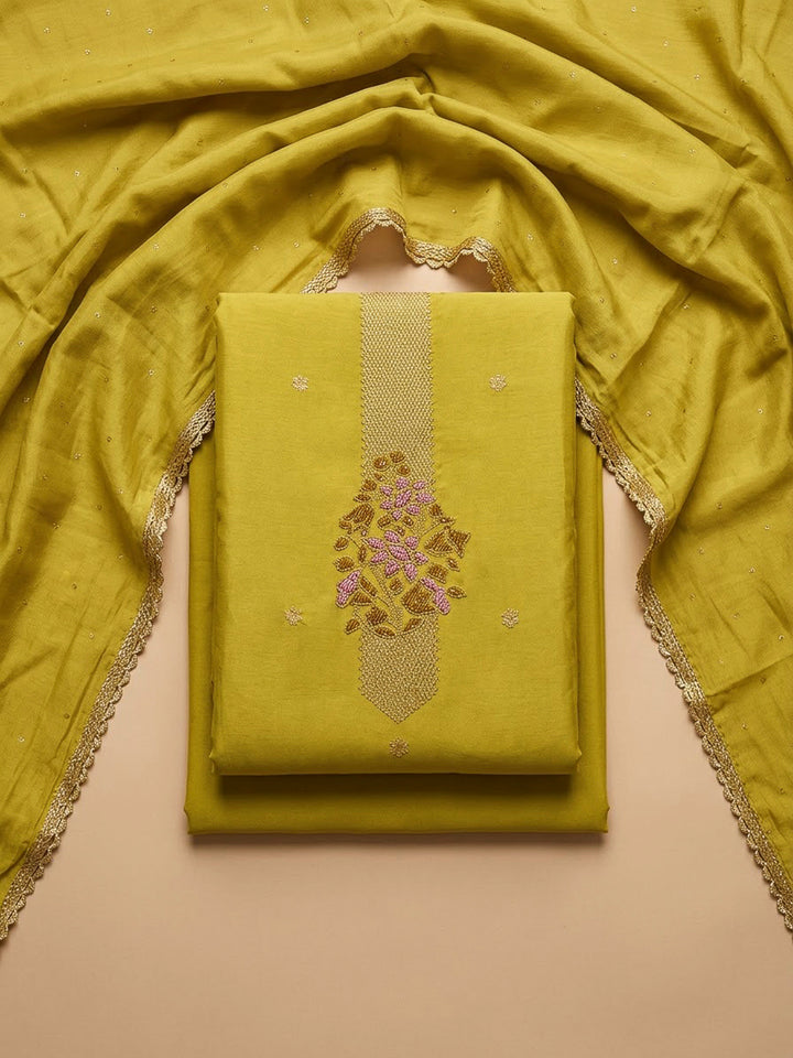 Lemon Cotton Blend Embroidered Unstitched Dress Material