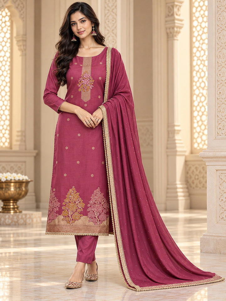 Onion Pink Cotton Blend Embroidered Unstitched Dress Material