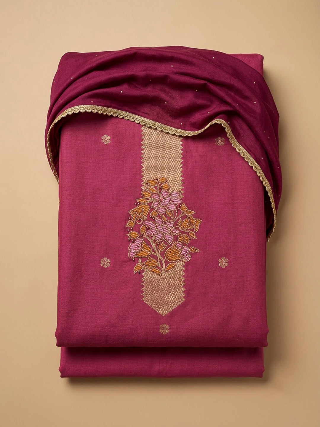Onion Pink Cotton Blend Embroidered Unstitched Dress Material