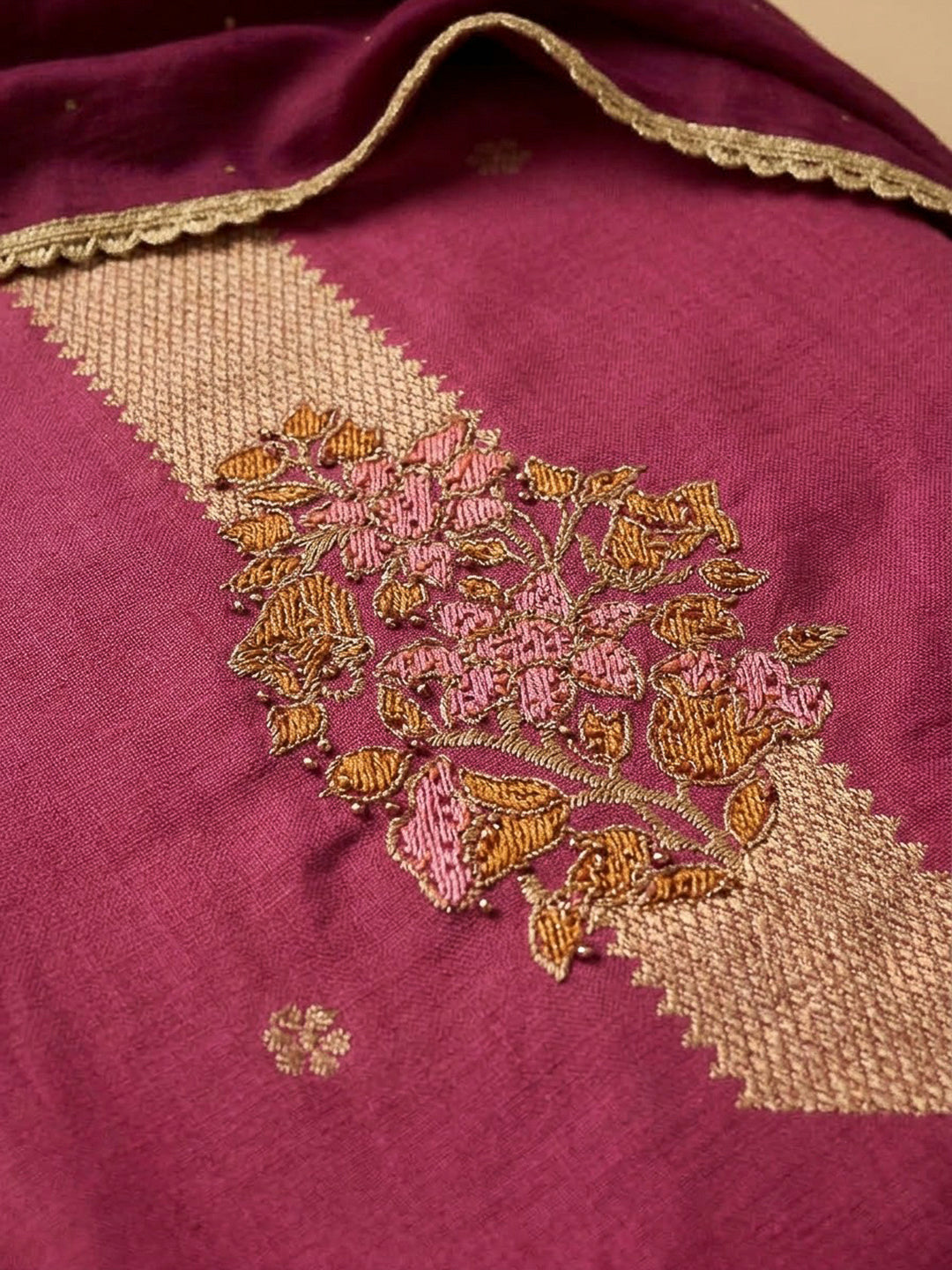 Onion Pink Cotton Blend Embroidered Unstitched Dress Material
