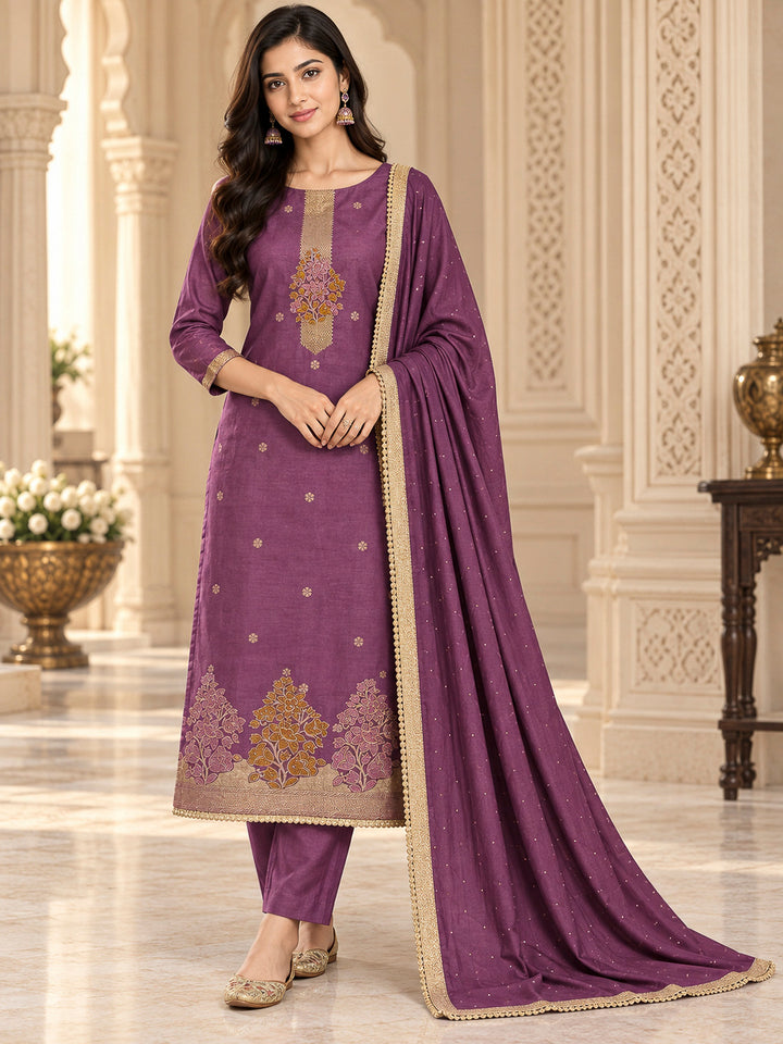 Purple Cotton Blend Embroidered Unstitched Dress Material