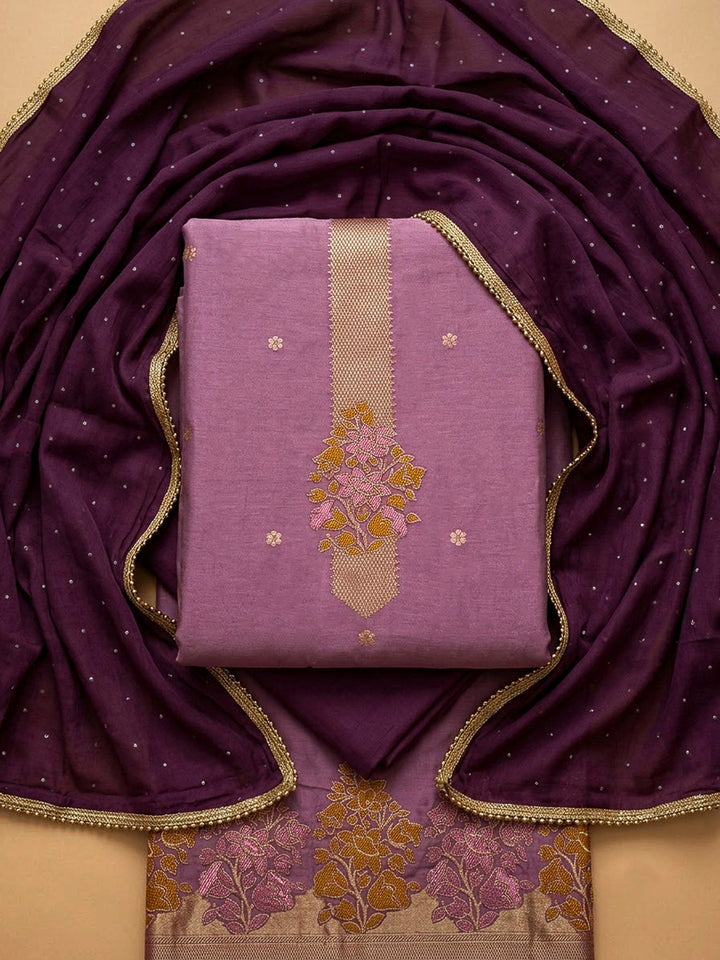 Purple Cotton Blend Embroidered Unstitched Dress Material