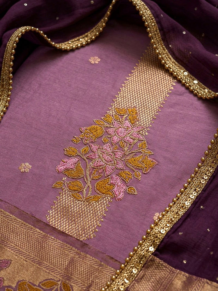 Purple Cotton Blend Embroidered Unstitched Dress Material