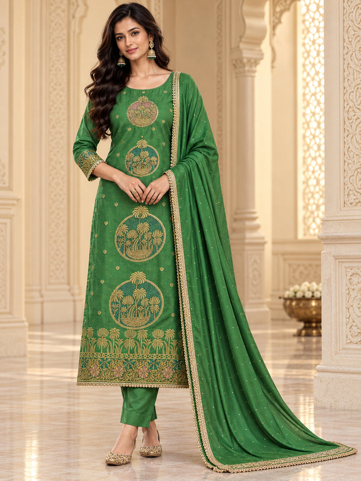 Green Cotton Blend Printed Unstitched Dress Material