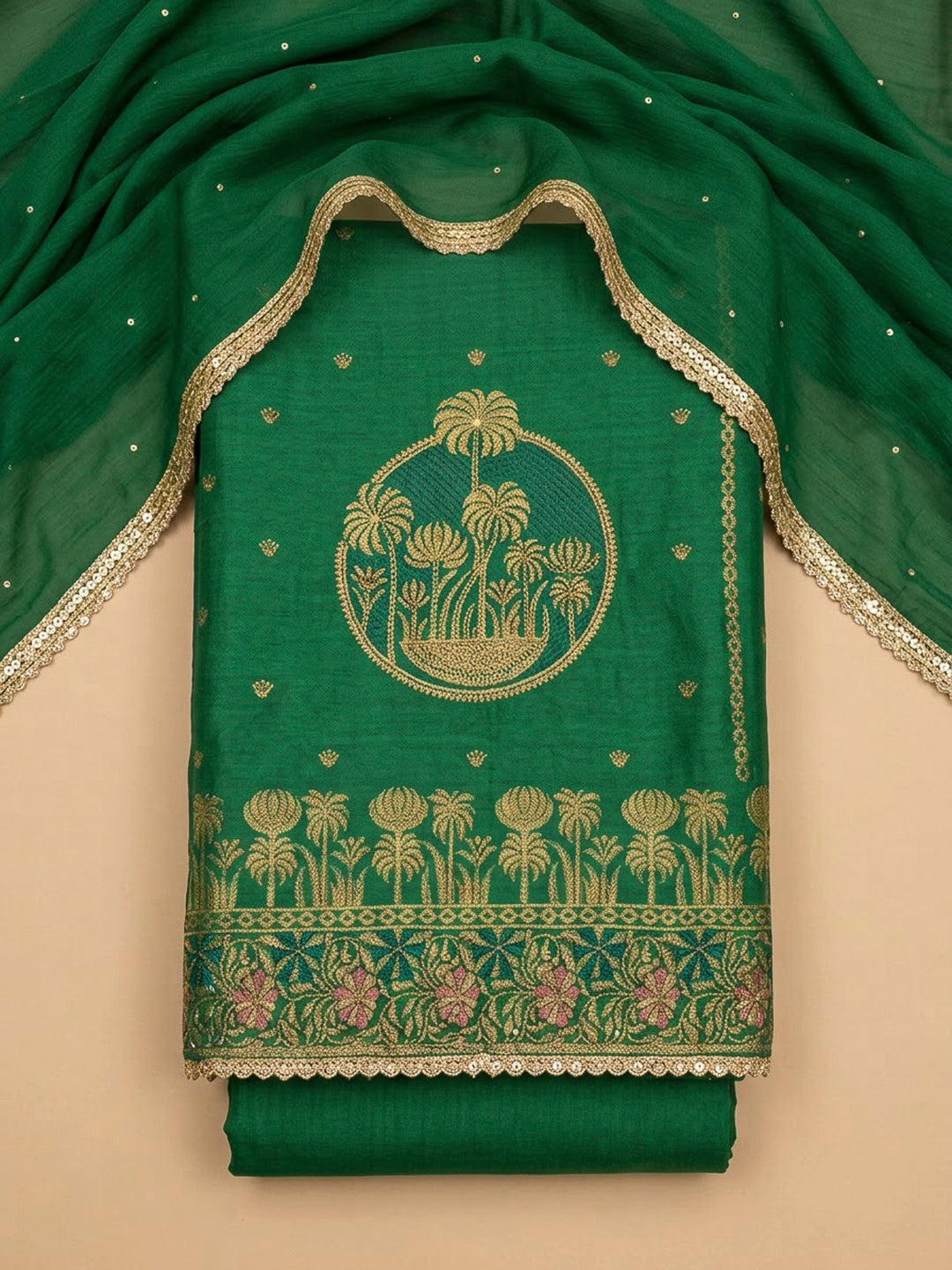 Green Cotton Blend Printed Unstitched Dress Material