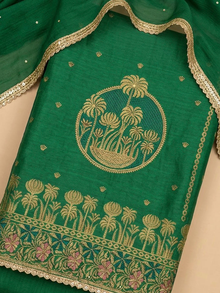 Green Cotton Blend Printed Unstitched Dress Material