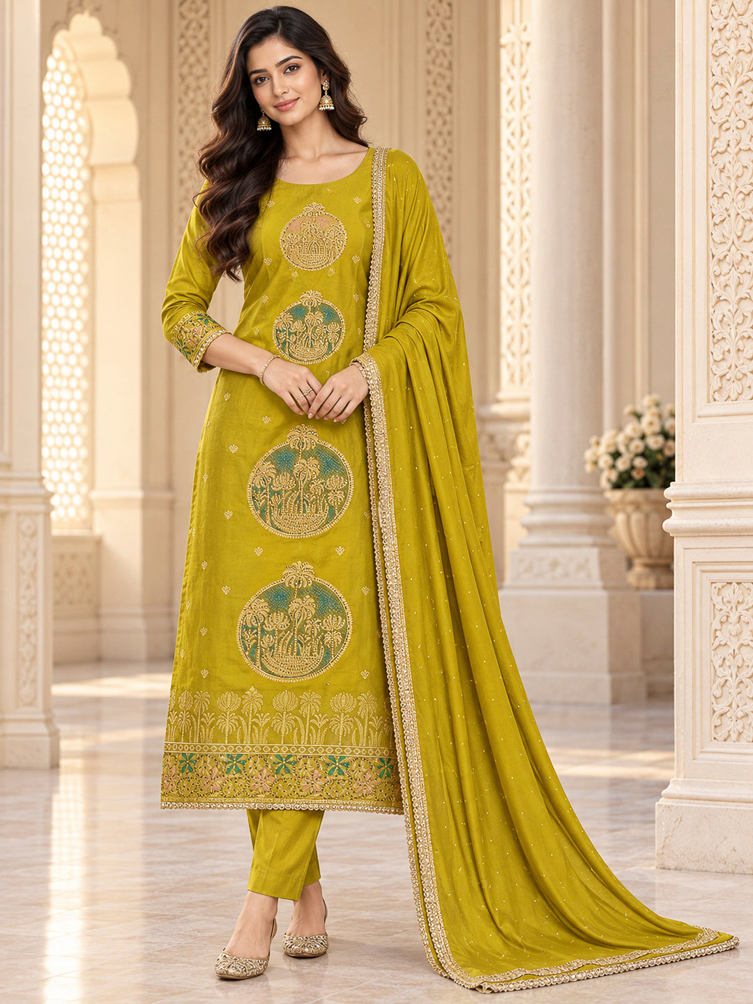 Lemon Cotton Blend Printed Unstitched Dress Material