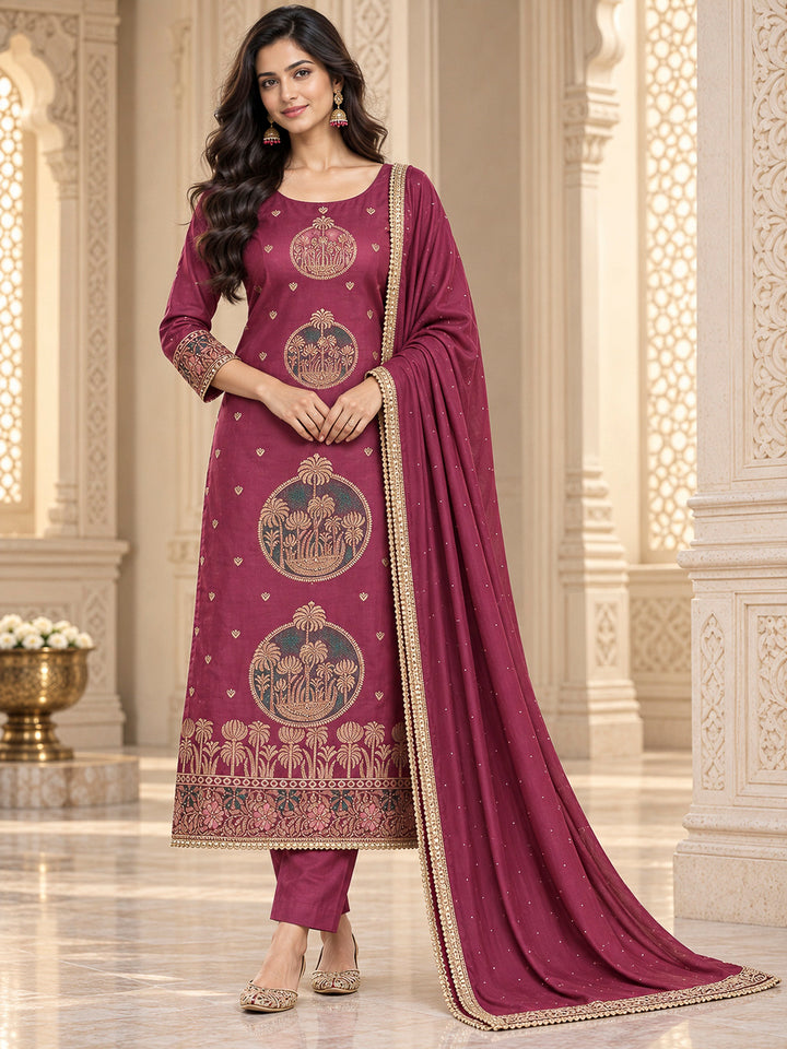 Onion Pink Cotton Blend Printed Unstitched Dress Material