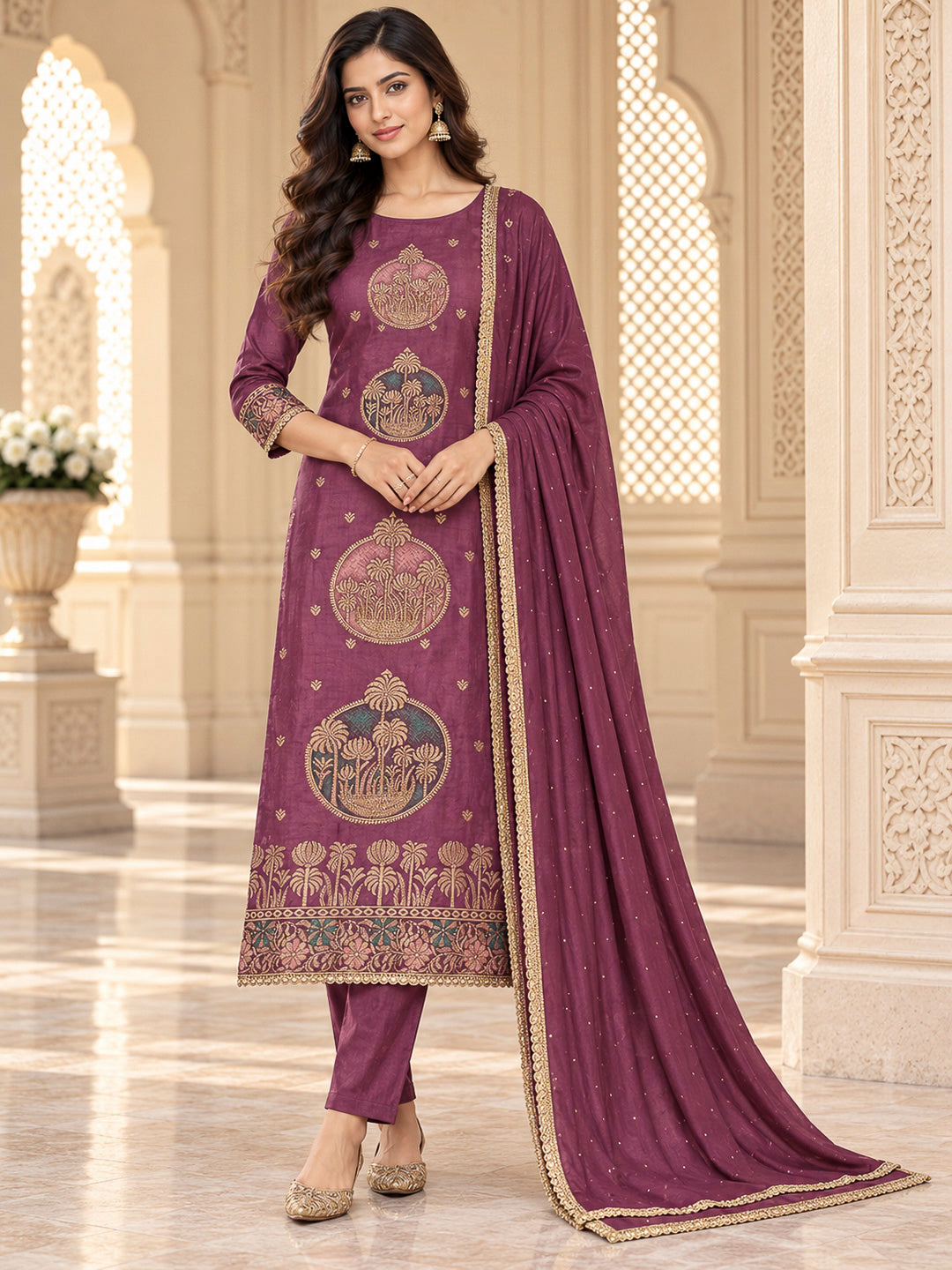 Purple Cotton Blend Printed Unstitched Dress Material