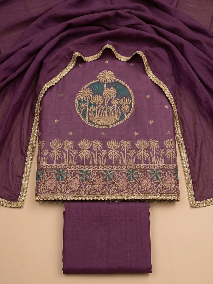 Purple Cotton Blend Printed Unstitched Dress Material