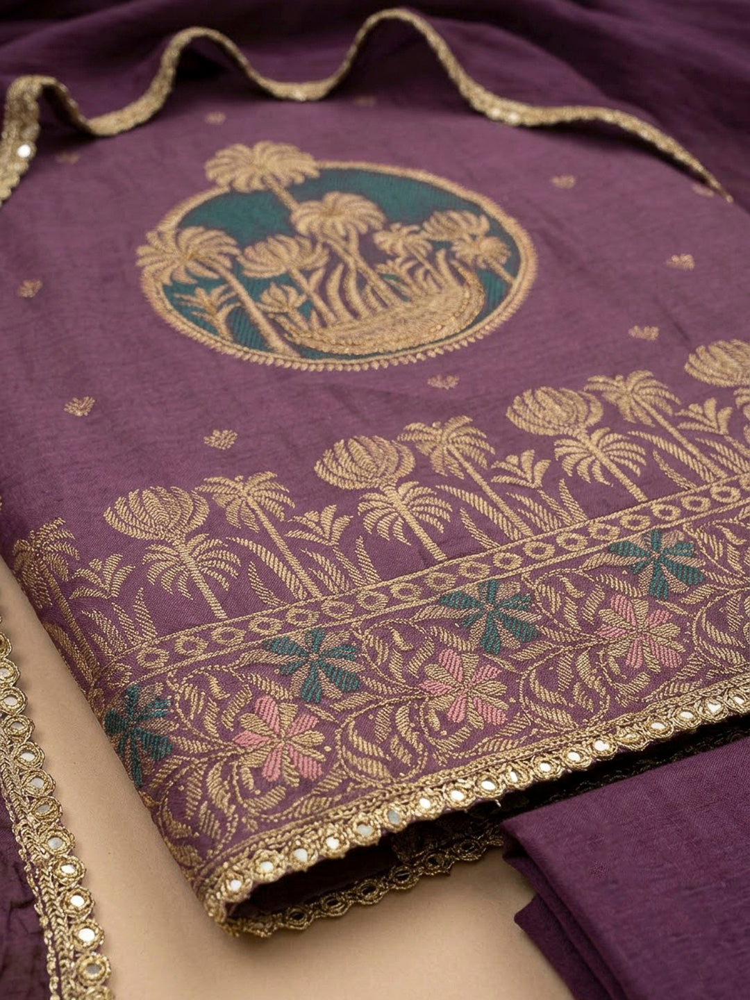 Purple Cotton Blend Printed Unstitched Dress Material