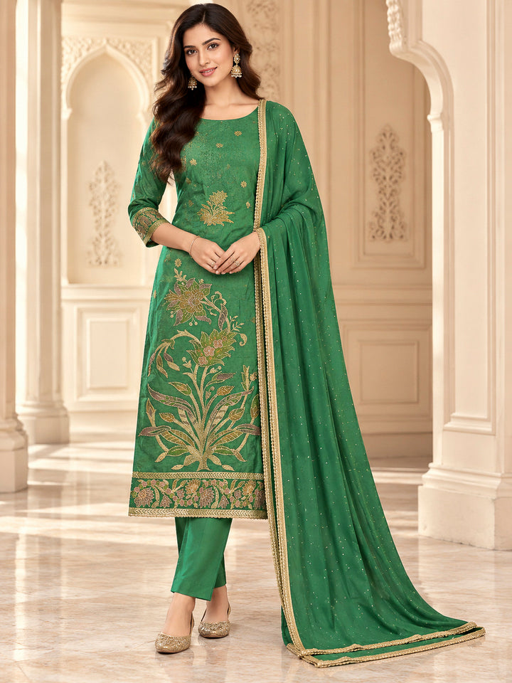 Green Cotton Blend Printed Unstitched Dress Material