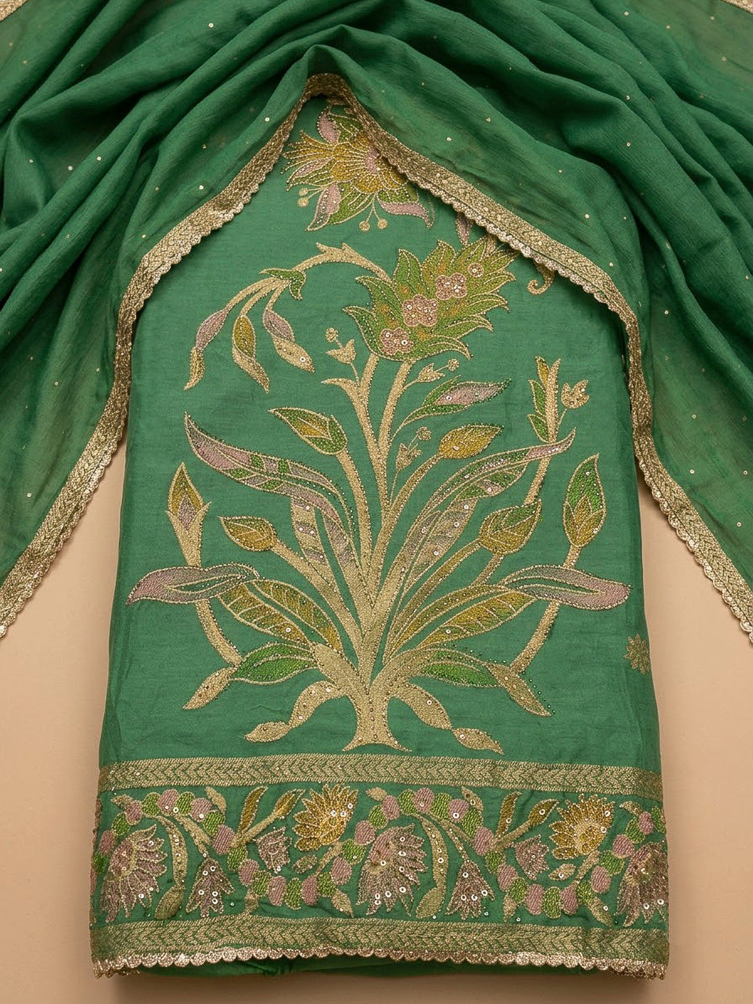 Green Cotton Blend Printed Unstitched Dress Material