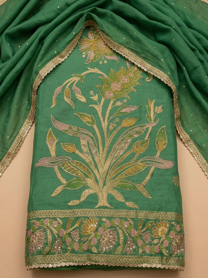 Green Cotton Blend Printed Unstitched Dress Material