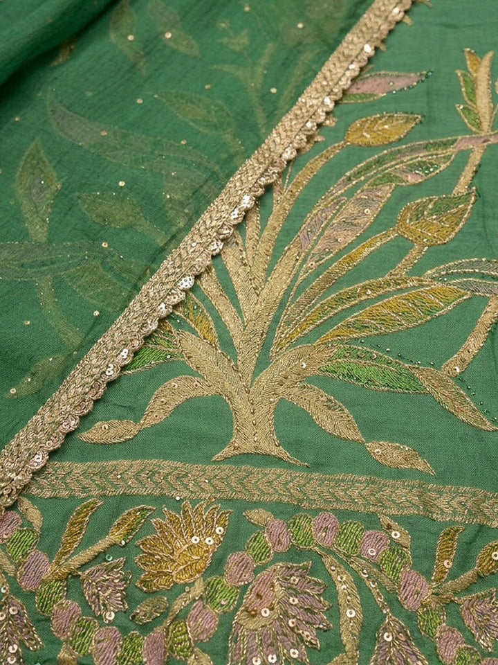 Green Cotton Blend Printed Unstitched Dress Material