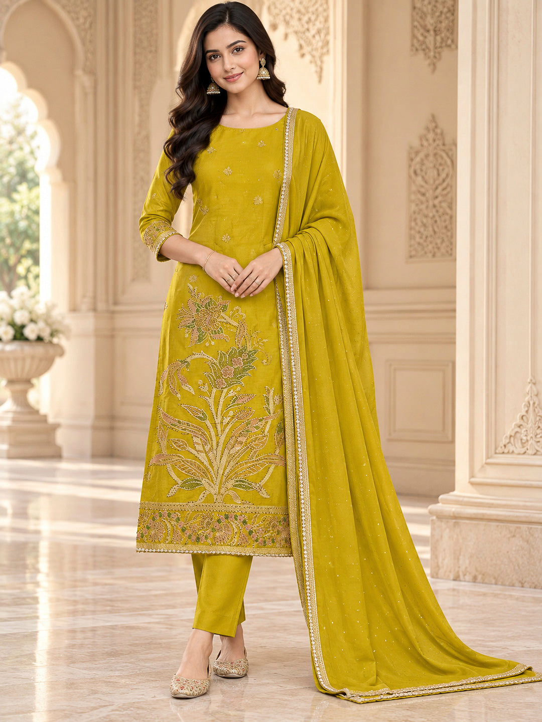 Lemon Cotton Blend Printed Unstitched Dress Material