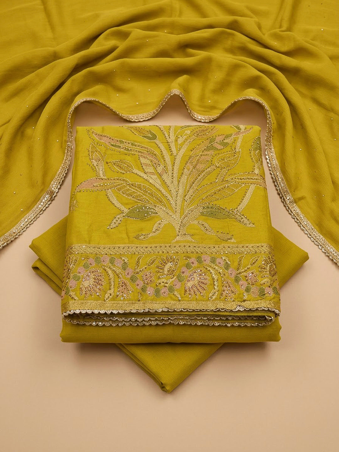 Lemon Cotton Blend Printed Unstitched Dress Material