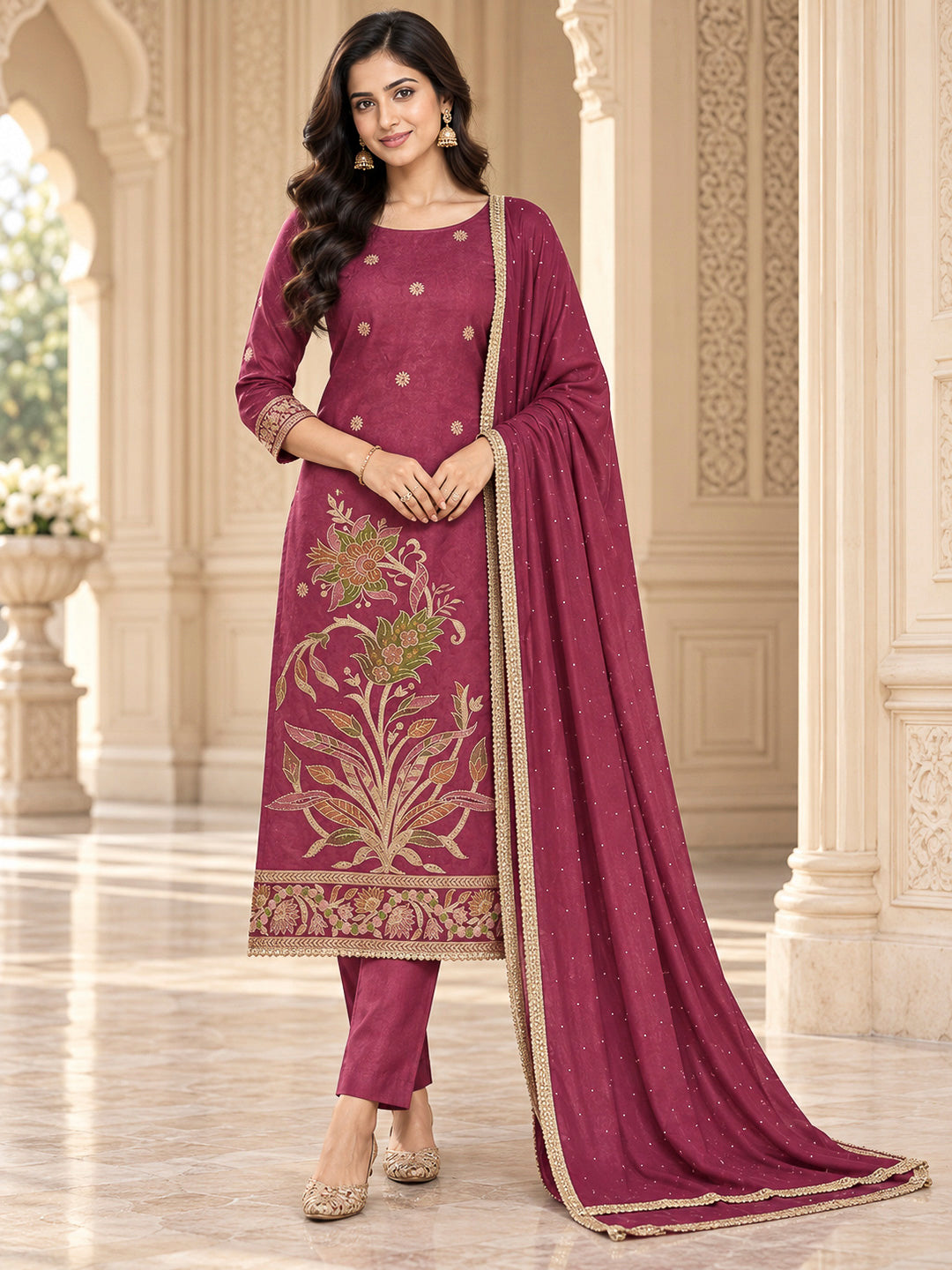 Onion Pink Cotton Blend Printed Unstitched Dress Material