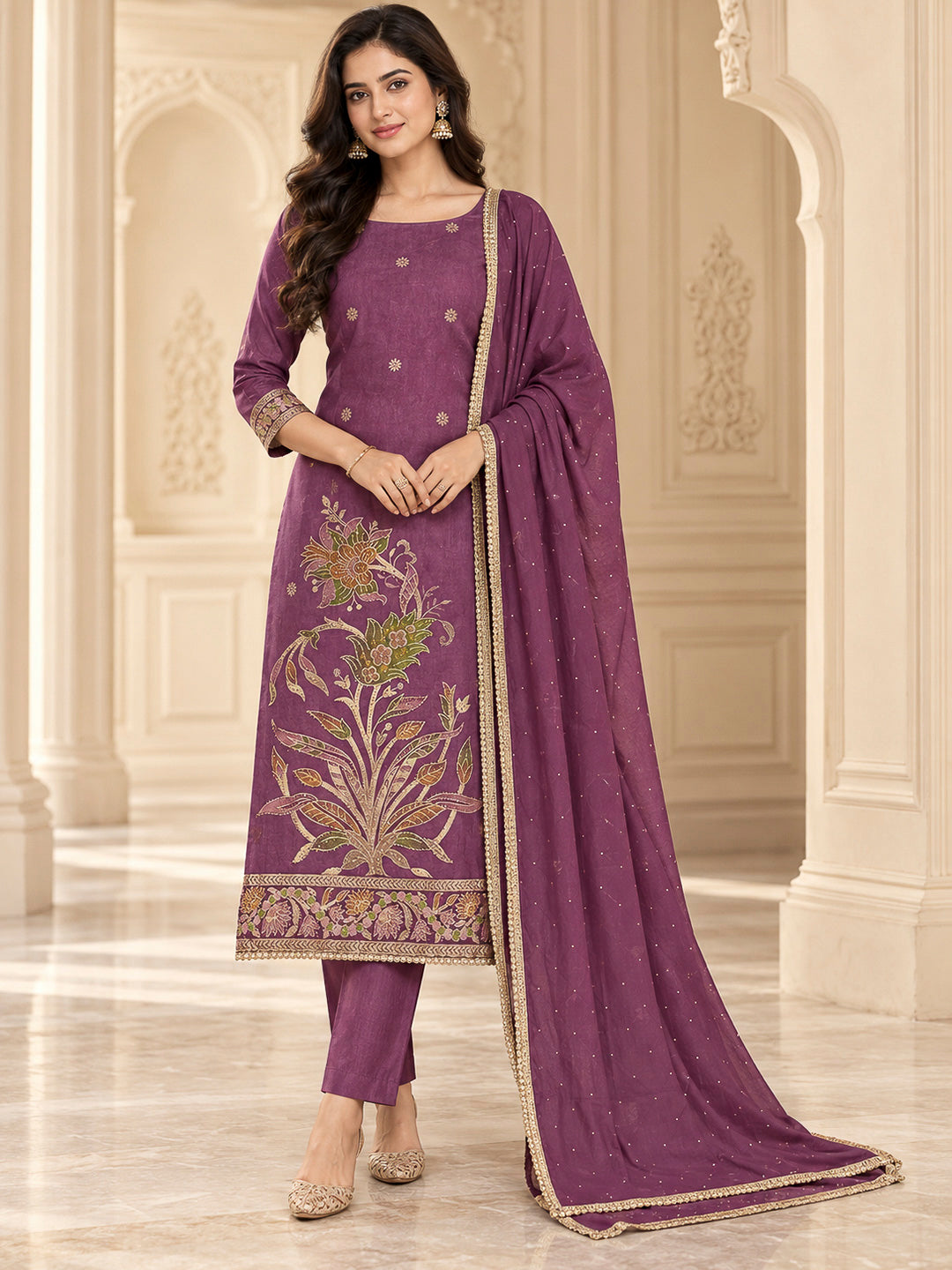 Purple Cotton Blend Printed Unstitched Dress Material