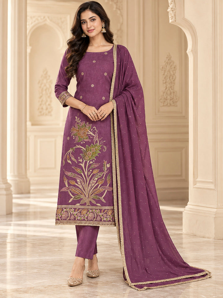 Purple Cotton Blend Printed Unstitched Dress Material