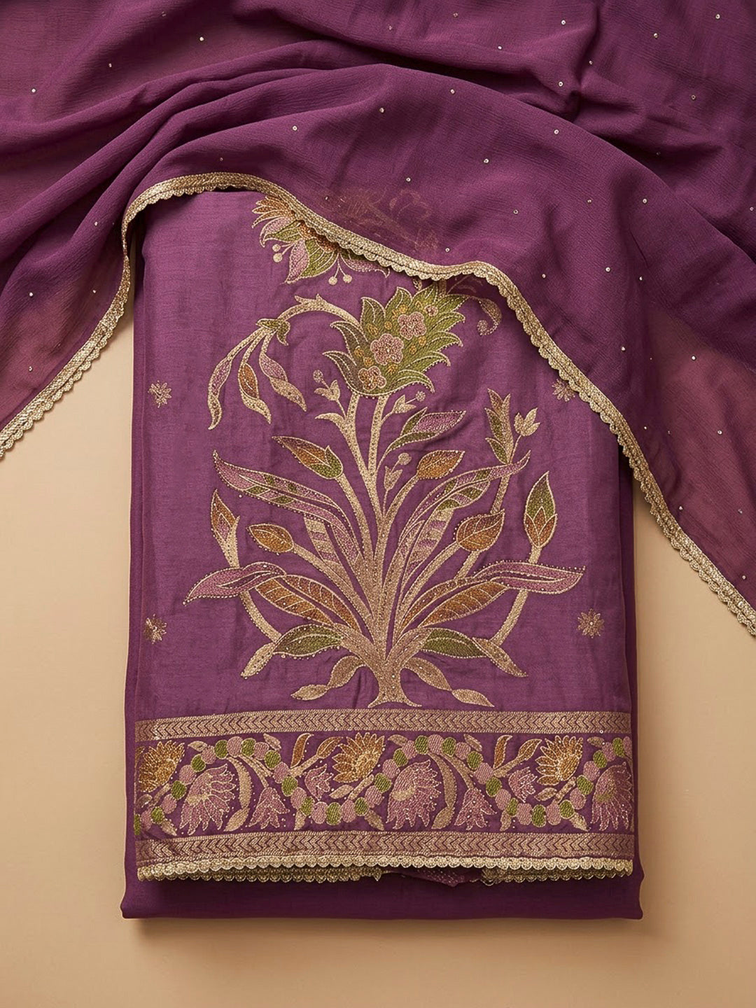 Purple Cotton Blend Printed Unstitched Dress Material