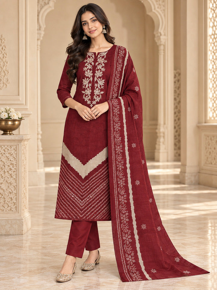 Maroon Cotton Blend Printed Unstitched Dress Material