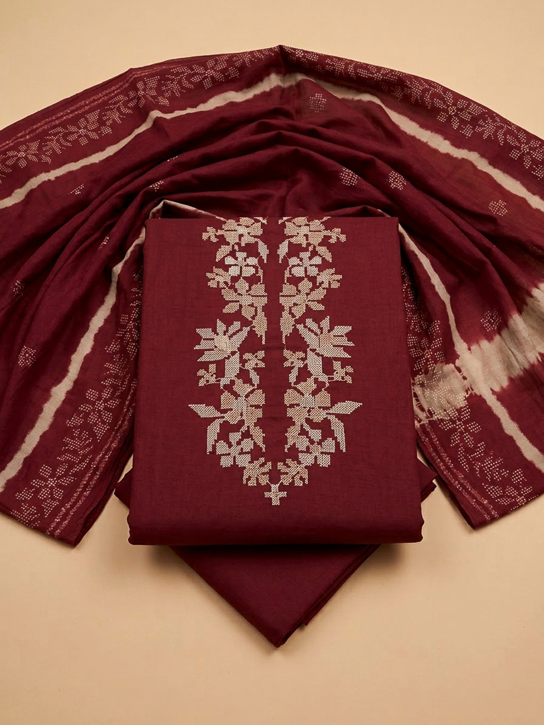 Maroon Cotton Blend Printed Unstitched Dress Material