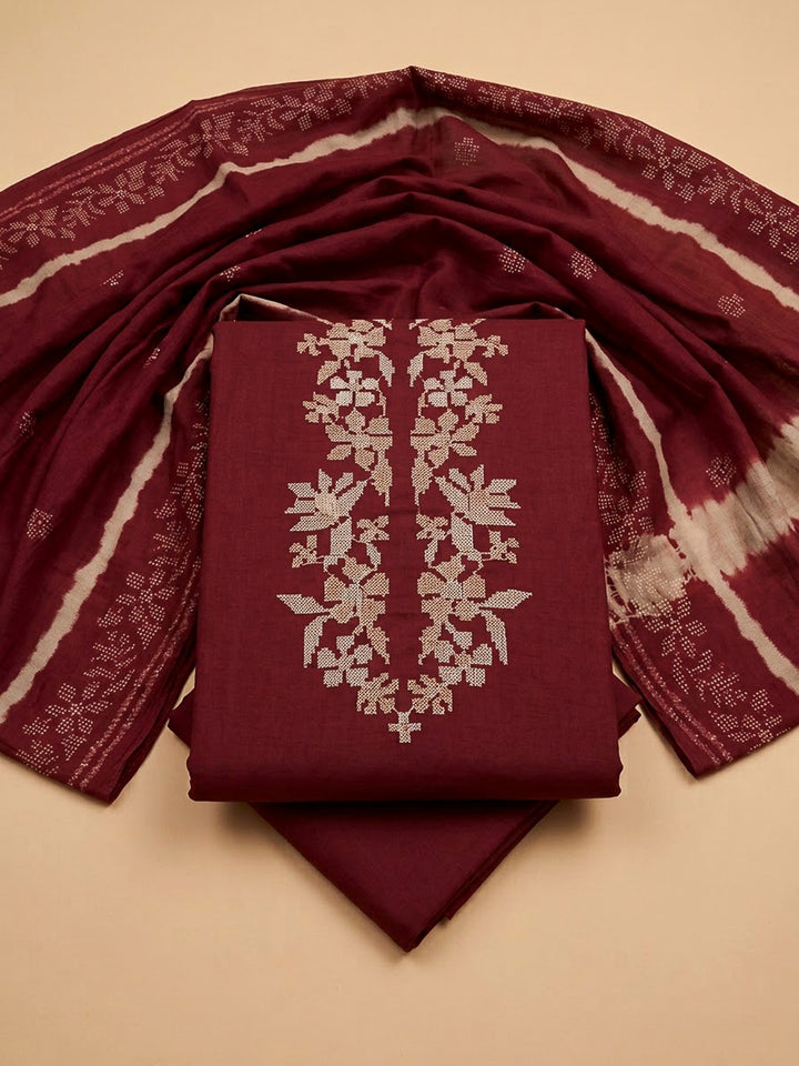 Maroon Cotton Blend Printed Unstitched Dress Material