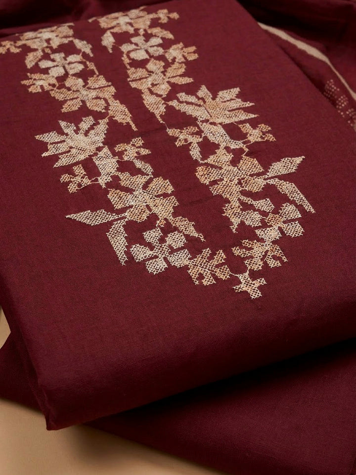 Maroon Cotton Blend Printed Unstitched Dress Material