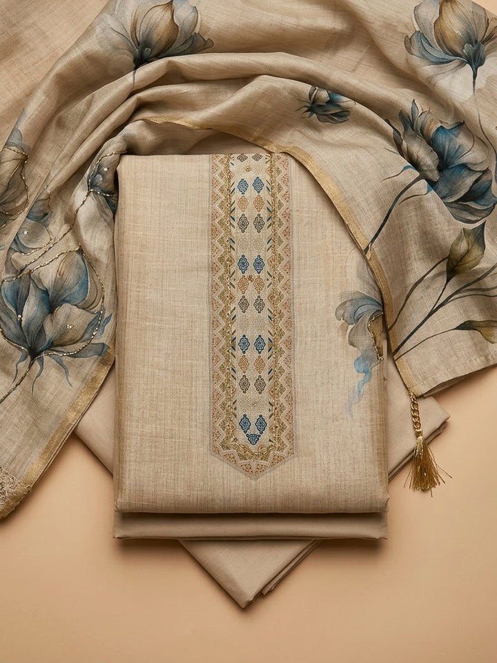 Beige Chanderi Embroidered Unstitched Dress Material
