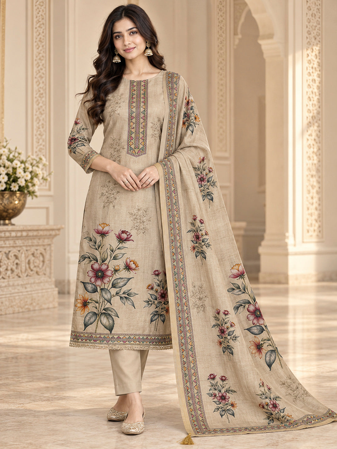 Cream Chanderi Printed Unstitched Dress Material