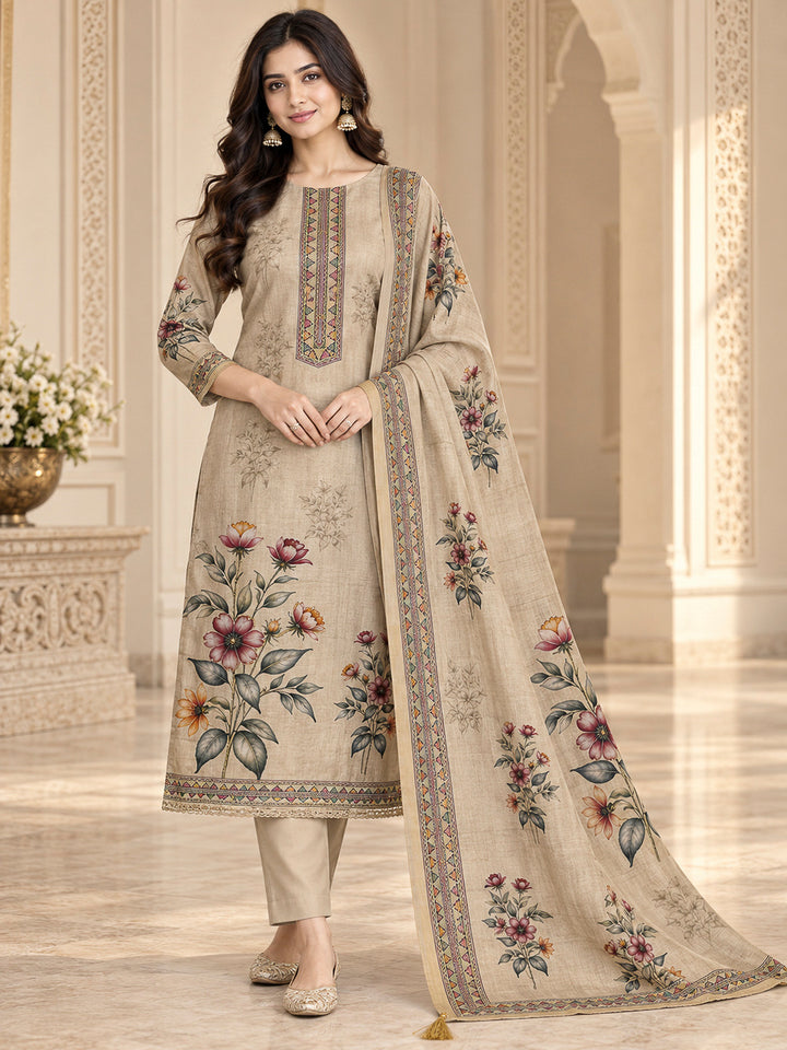 Cream Chanderi Printed Unstitched Dress Material