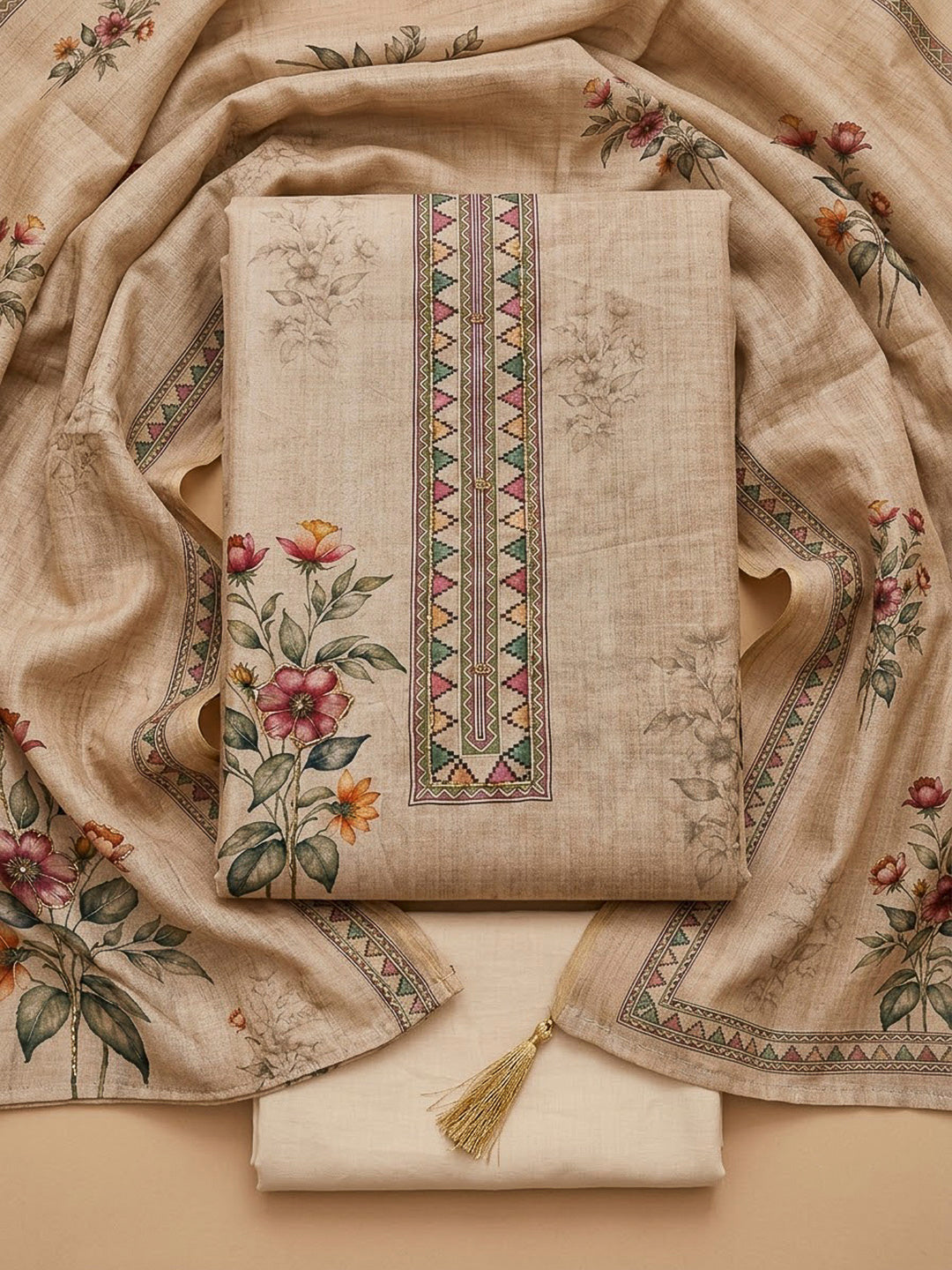Cream Chanderi Printed Unstitched Dress Material