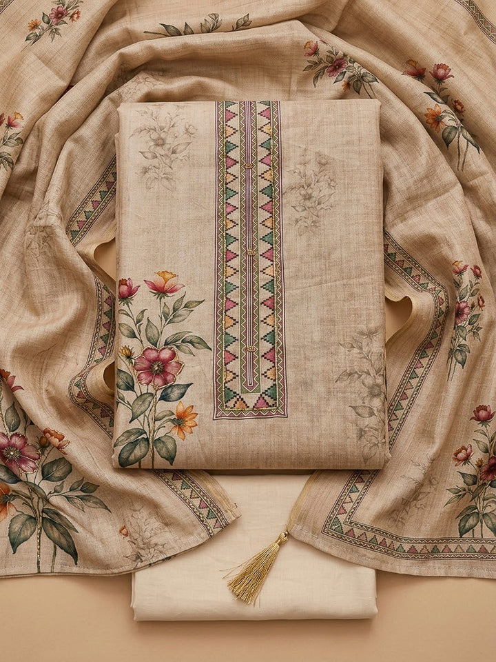 Cream Chanderi Printed Unstitched Dress Material