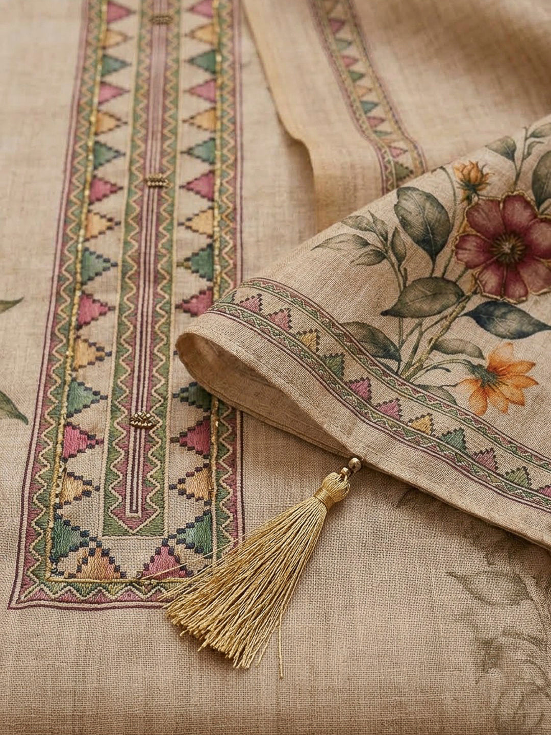 Cream Chanderi Printed Unstitched Dress Material