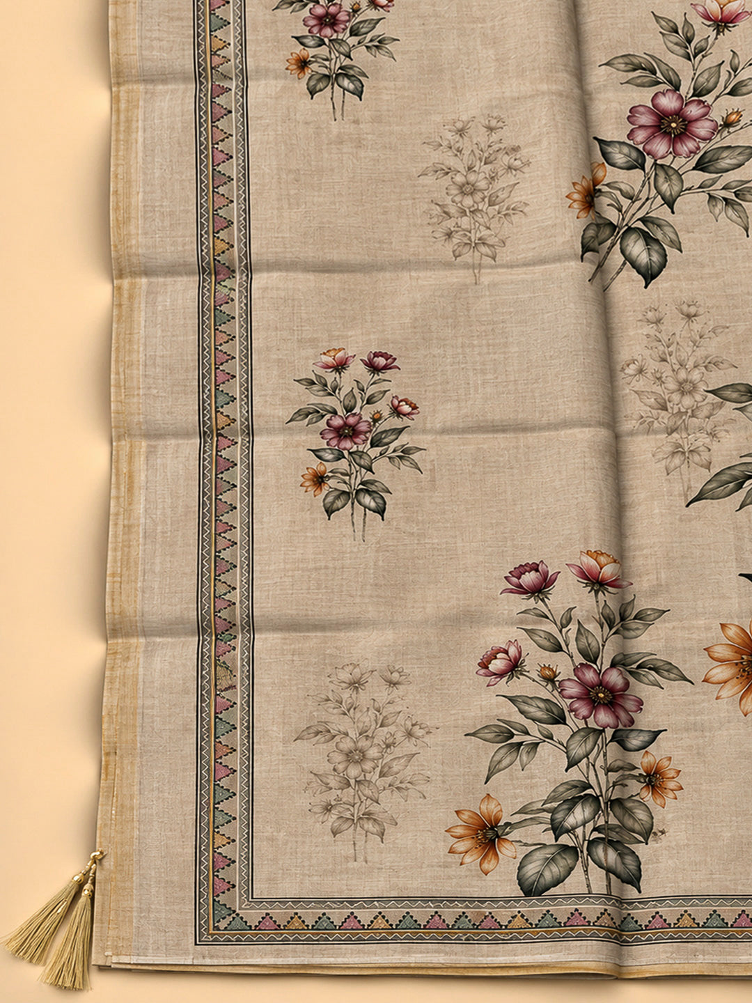 Cream Chanderi Printed Unstitched Dress Material
