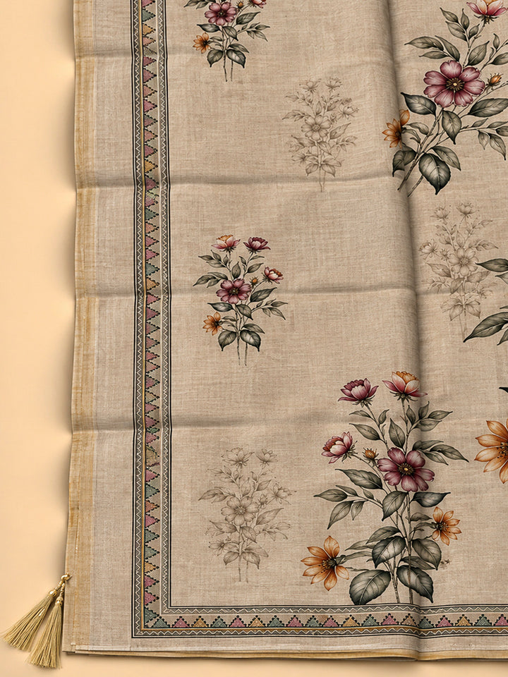 Cream Chanderi Printed Unstitched Dress Material