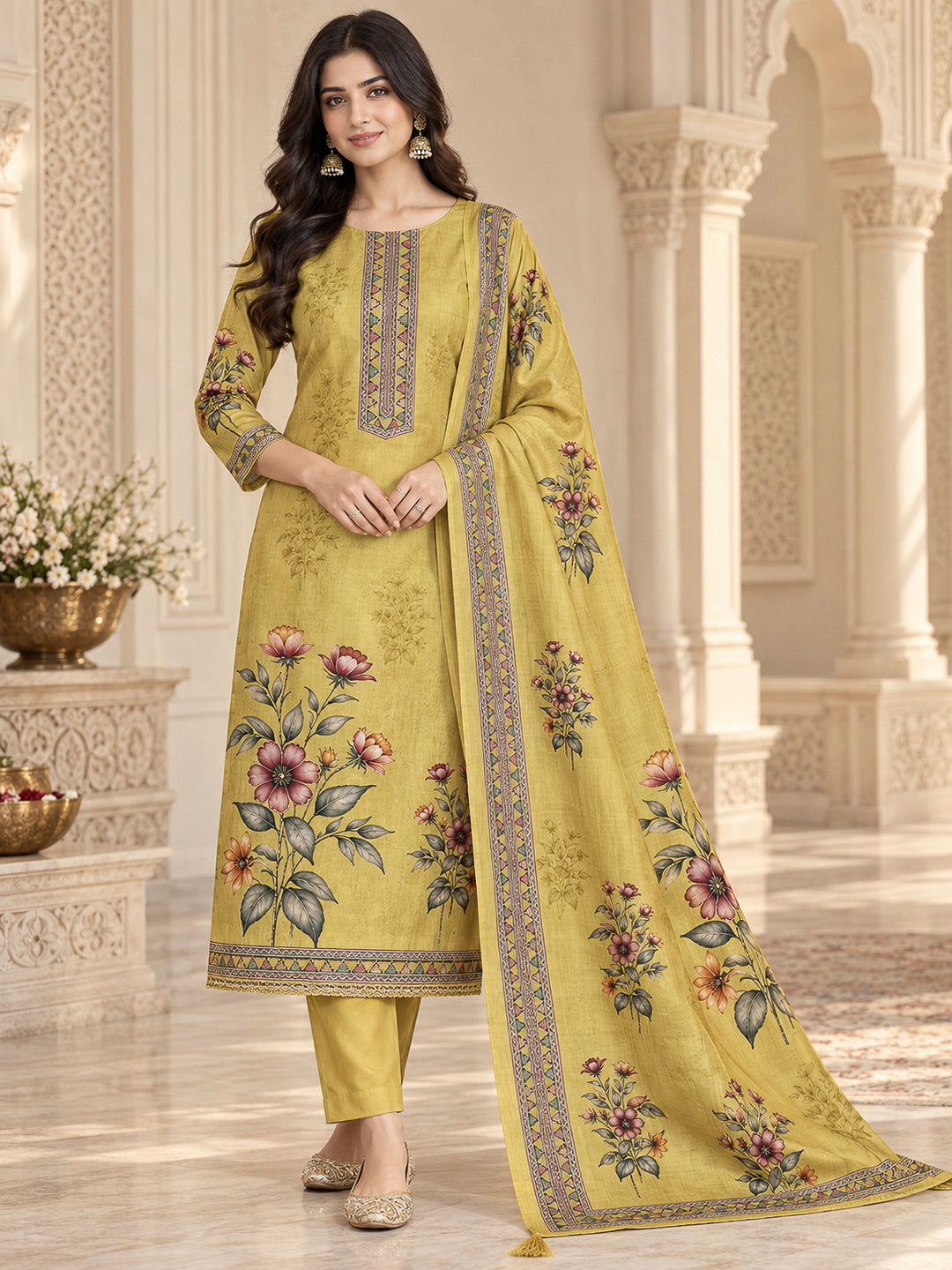 Mustard Chanderi Printed Unstitched Dress Material
