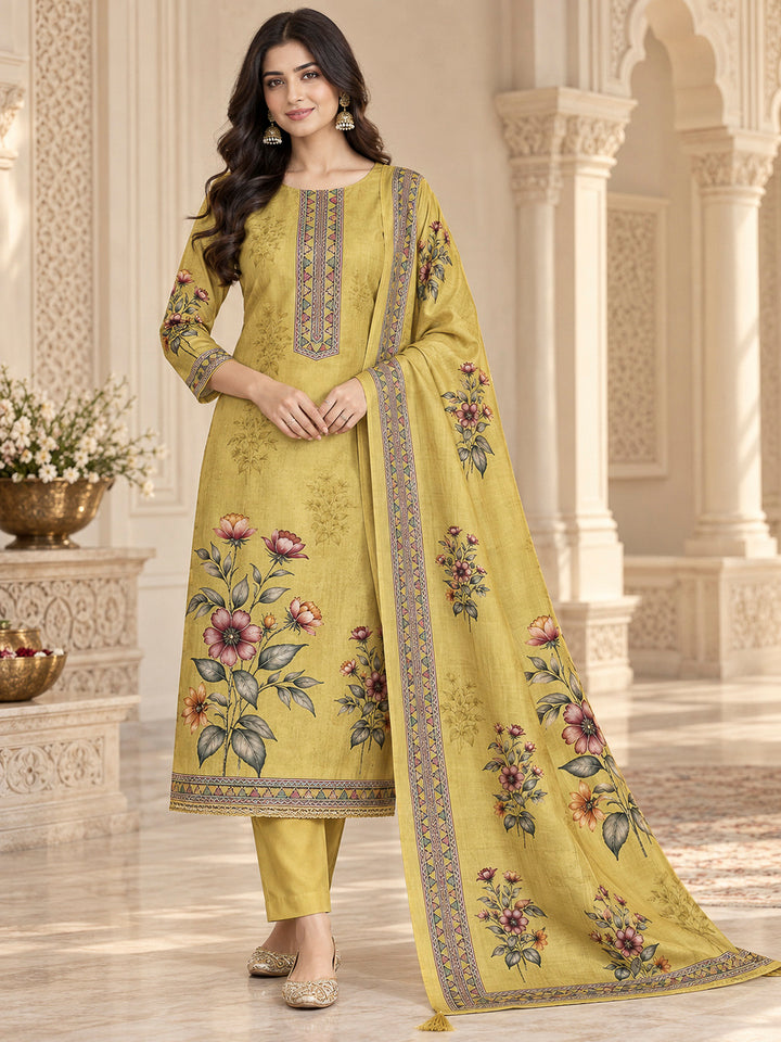 Mustard Chanderi Printed Unstitched Dress Material