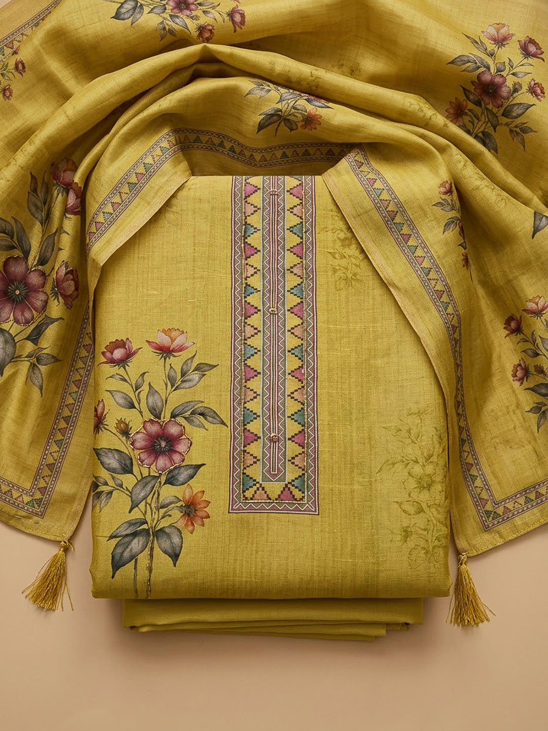 Mustard Chanderi Printed Unstitched Dress Material