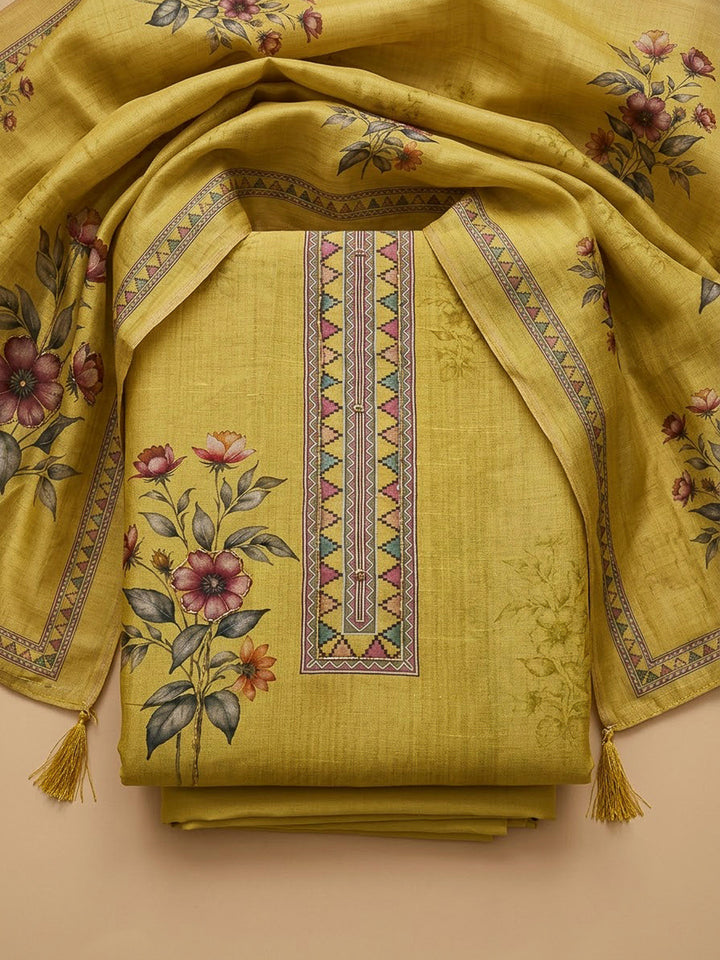 Mustard Chanderi Printed Unstitched Dress Material